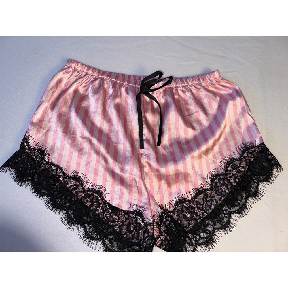 Pink Striped Satin Pajama Shorts with Black Eyelash Lace Trim Large